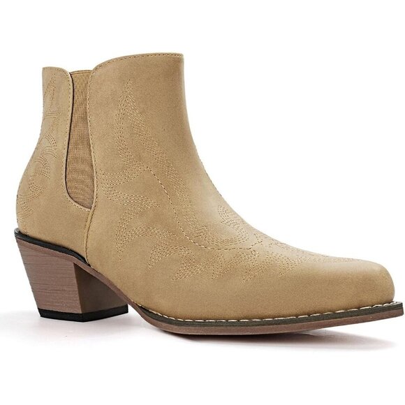 Shoes - Women's Tan Cowgirl Embroidered Chunky Heel Fashion Snip Toe Casual Boots